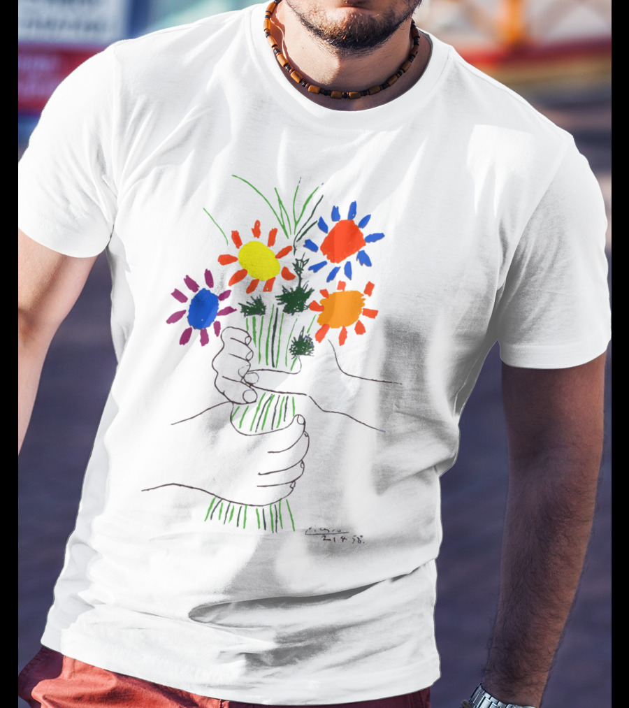 Pablo Picasso Colorful Bouquet With Hands Of Peace Signature 1958 T-Shirt
