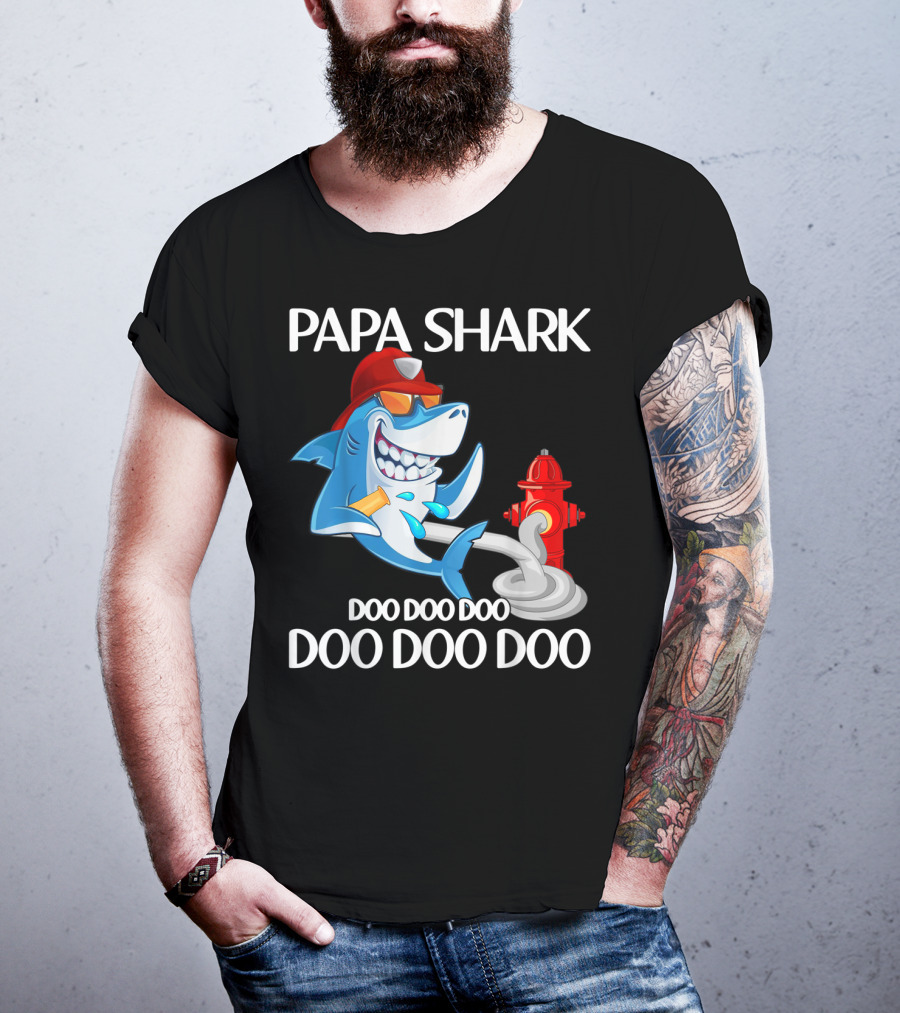 Papa Shark Doo Doo Doo Firefighter Father's Day Fun T-Shirt