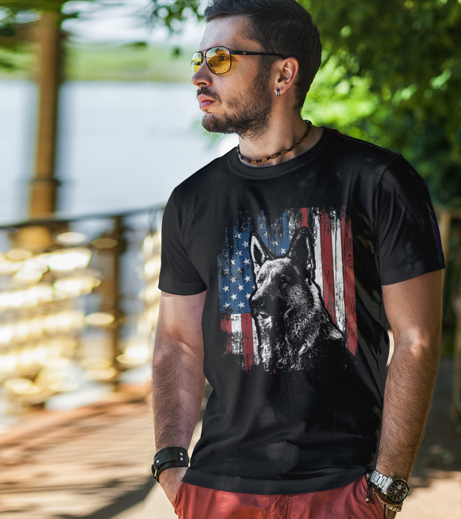 Patriotic German Shepherd With American Flag Background T-Shirt