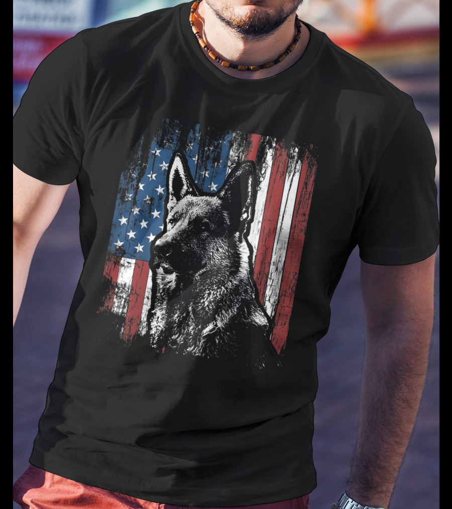 Patriotic German Shepherd With American Flag Background T-Shirt