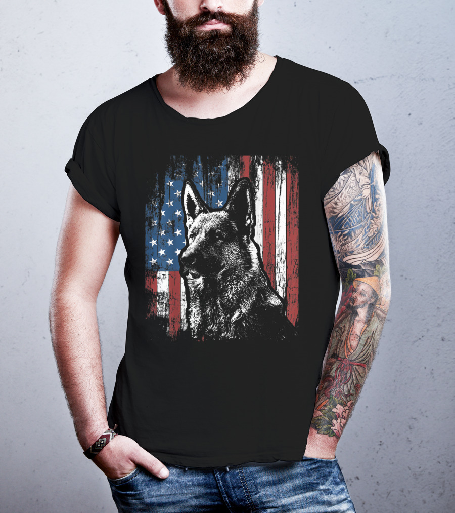 Patriotic German Shepherd With American Flag Background T-Shirt