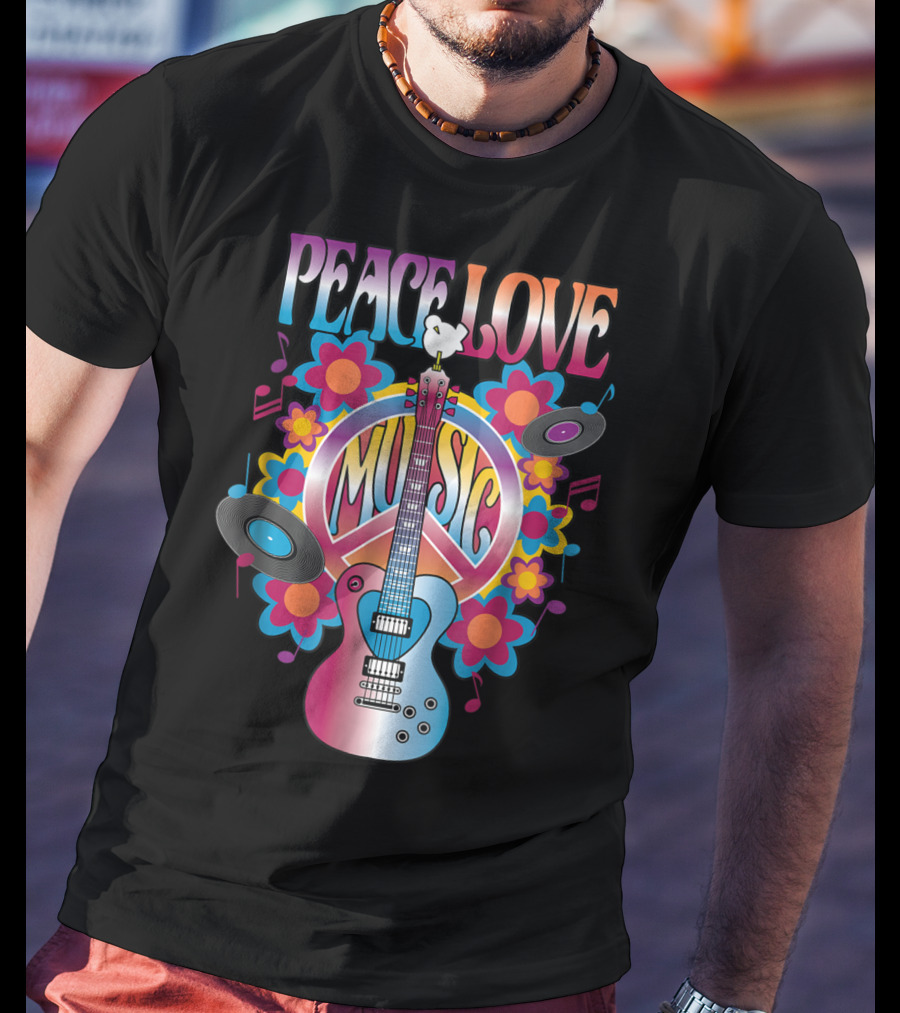 PEACE LOVE MUSIC Guitar Dove Vinyl Records Flower Symbols T-Shirt