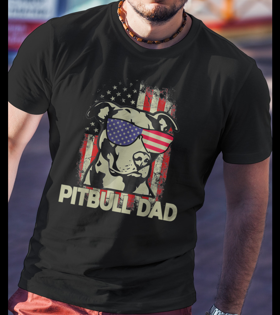 Pitbull Dad USA Flag Sunglasses American Fourth Of July T-Shirt