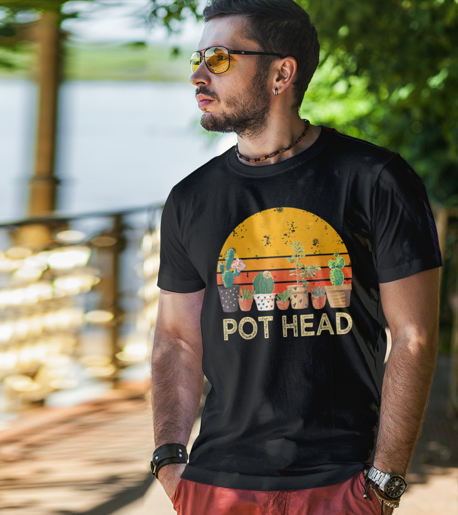 Pot Head Stone Flowers Cactus Vintage Sunset T-Shirt