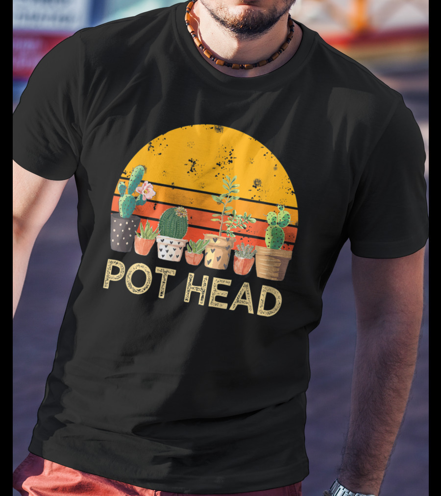 Pot Head Stone Flowers Cactus Vintage Sunset T-Shirt