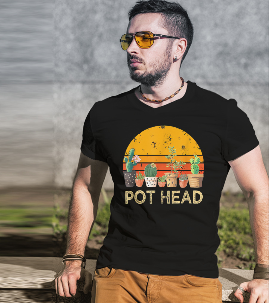 Pot Head Stone Flowers Cactus Vintage Sunset T-Shirt