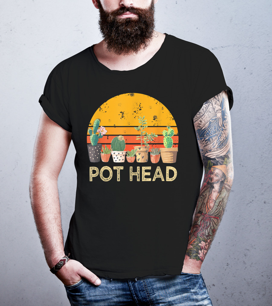 Pot Head Stone Flowers Cactus Vintage Sunset T-Shirt