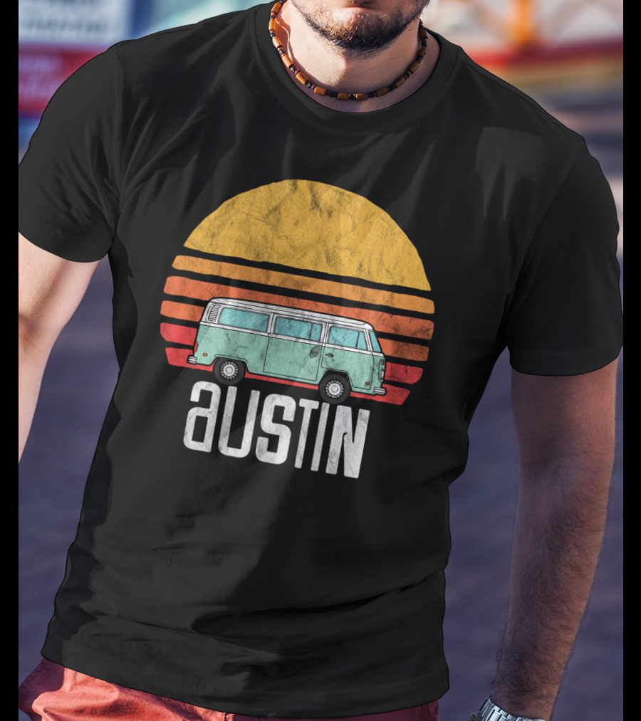 Retro Austin Texas Hippie Van Sunset Beach Bum Surfer T-Shirt
