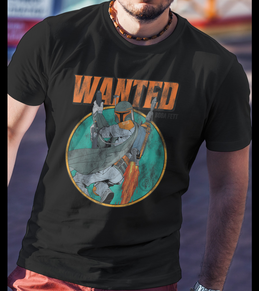 Wanted Boba Fett Star Wars Distressed Mandalorian Jetpack T-Shirt