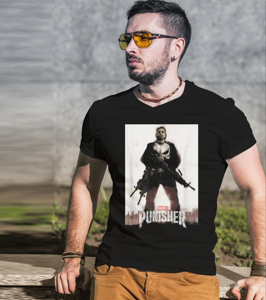 Marvel The Punisher Frank Castle One Man Army Standing With Weapons And Skull Emblem T-Shirt