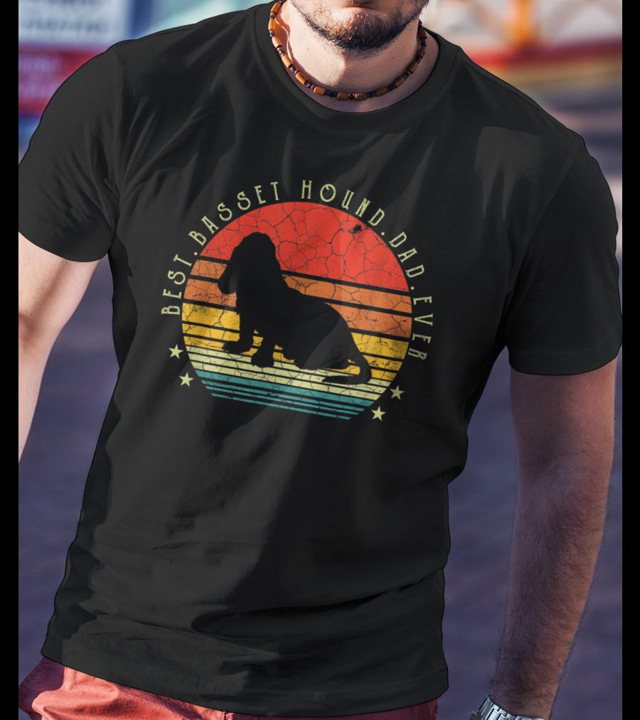 Best Basset Hound Dad Ever Dog Lover Mens Retro Sunset T-Shirt