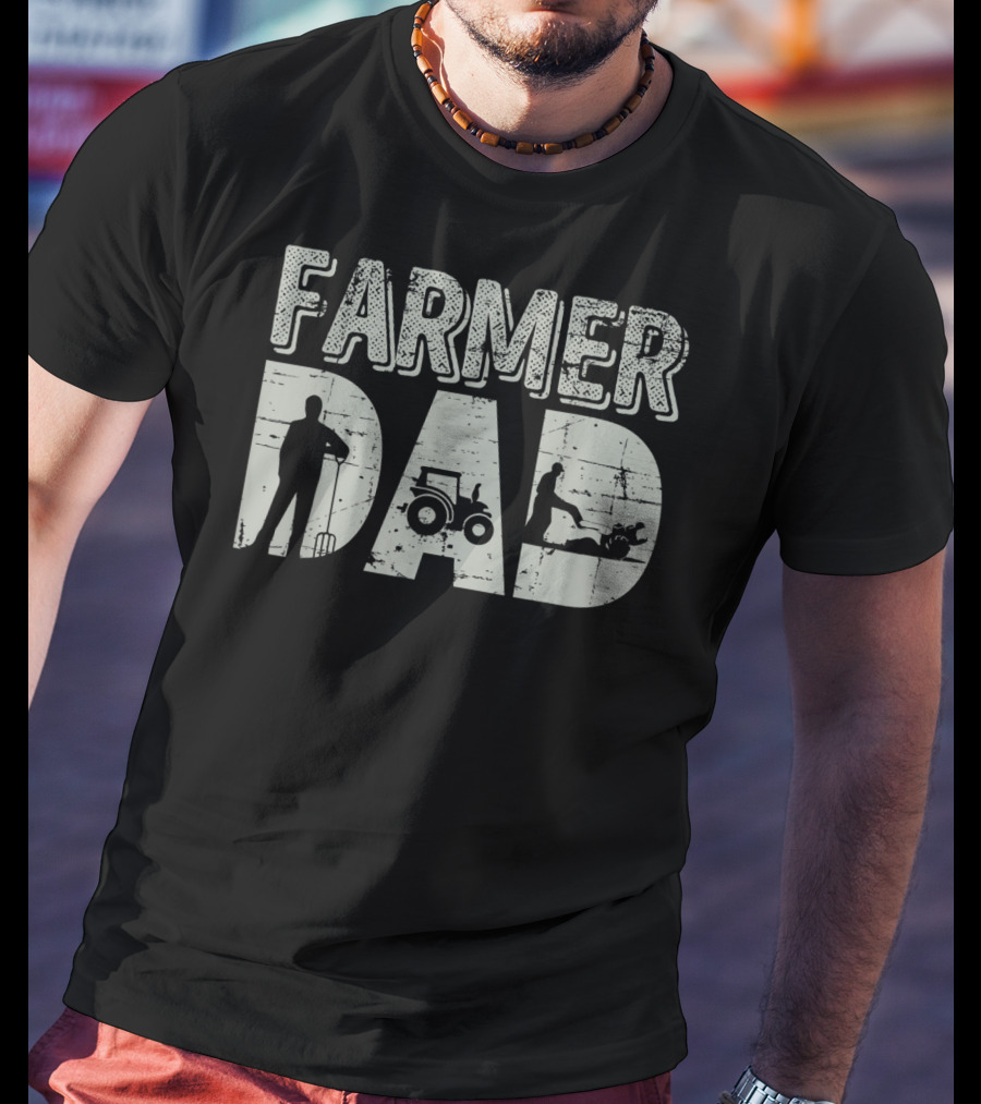 Farmer Dad Farming Tractor And Pitchfork T-Shirt