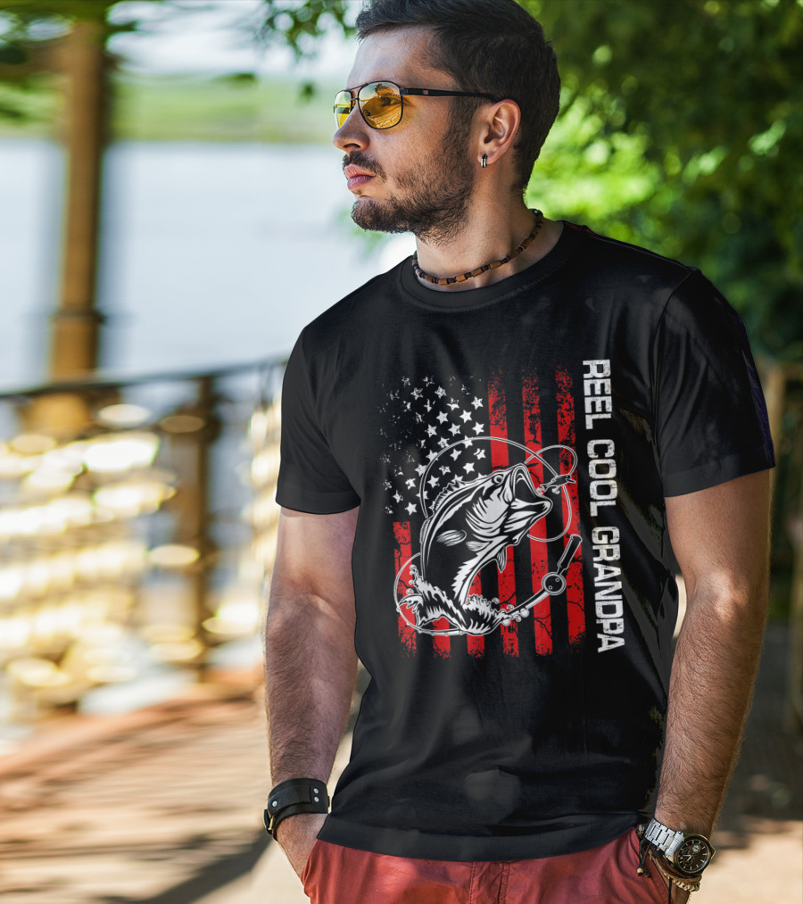 Reel Cool Grandpa American Flag Fishing Bass T-Shirt