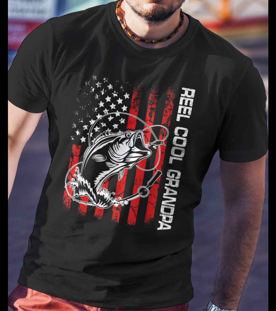 Reel Cool Grandpa American Flag Fishing Bass T-Shirt
