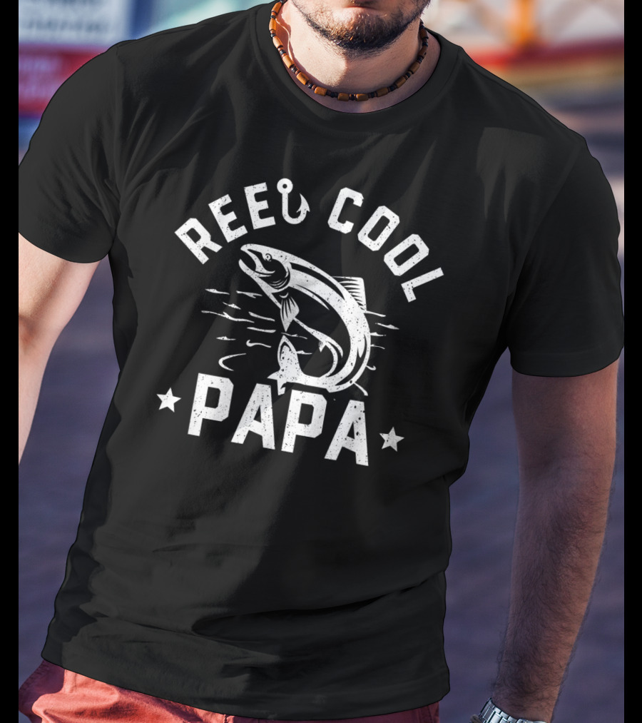 Mens Reel Cool Papa Fishing Fathers Funny Fish Hook T-Shirt