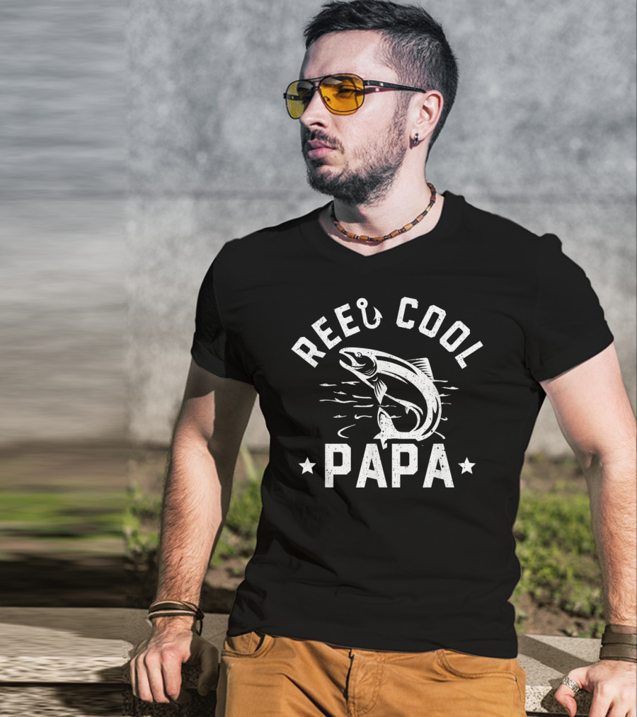 Mens Reel Cool Papa Fishing Fathers Funny Fish Hook T-Shirt