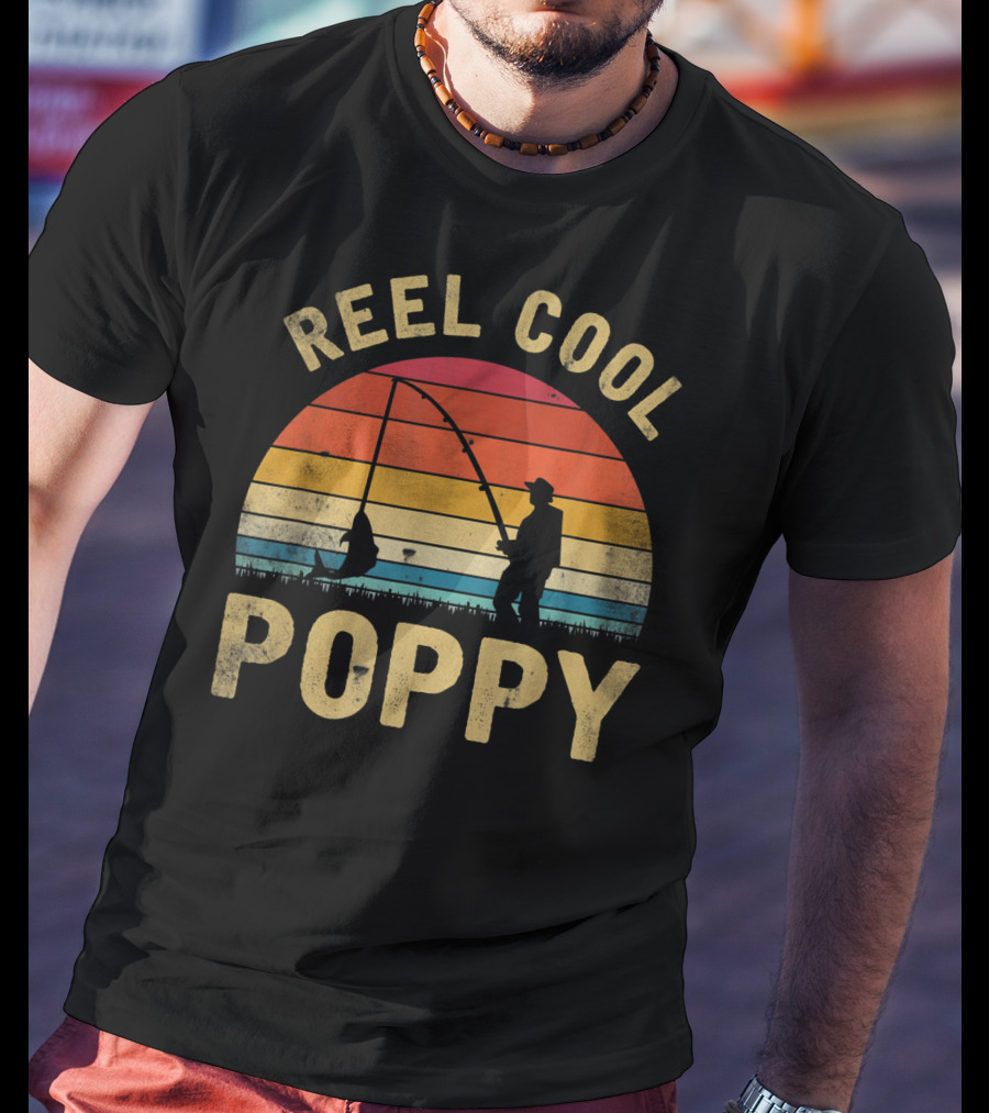 Reel Cool Poppy Vintage Fishing Silhouette Retro Sunset T-Shirt