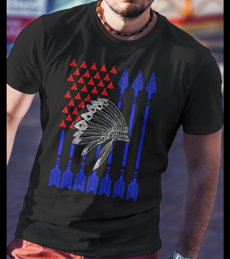 Native American Day Headdress Red Teepees Blue Arrows Flag T-Shirt