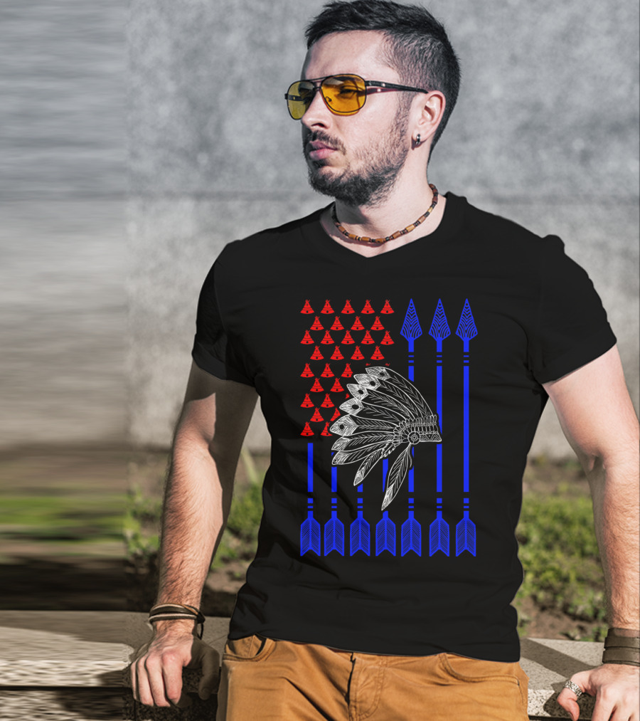 Native American Day Headdress Red Teepees Blue Arrows Flag T-Shirt