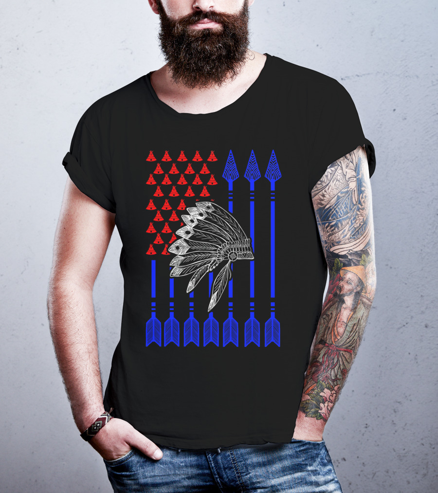 Native American Day Headdress Red Teepees Blue Arrows Flag T-Shirt