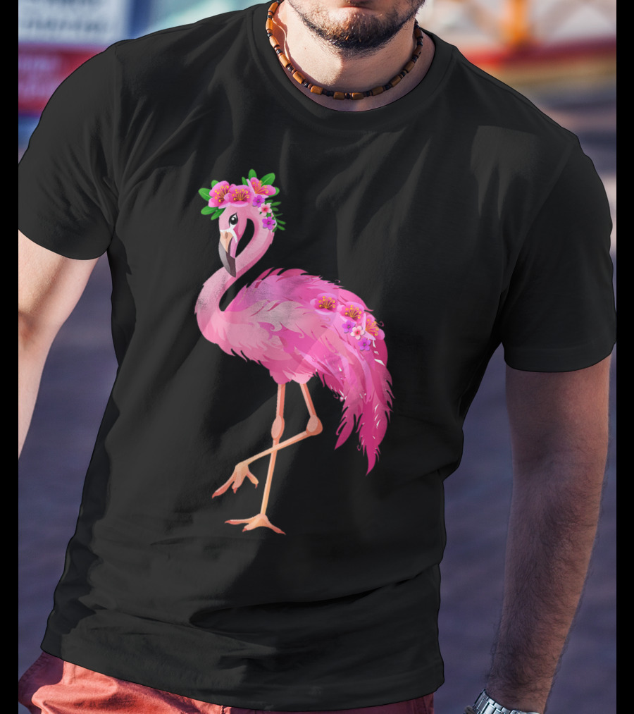 Pink Flamingo With Watercolor Hawaiian Flower Crown And Feathers T-Shirt