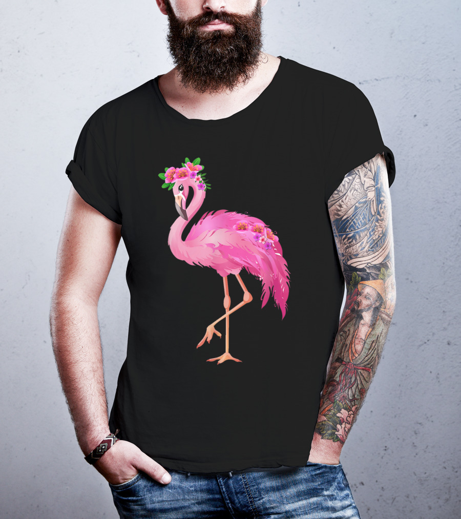Pink Flamingo With Watercolor Hawaiian Flower Crown And Feathers T-Shirt