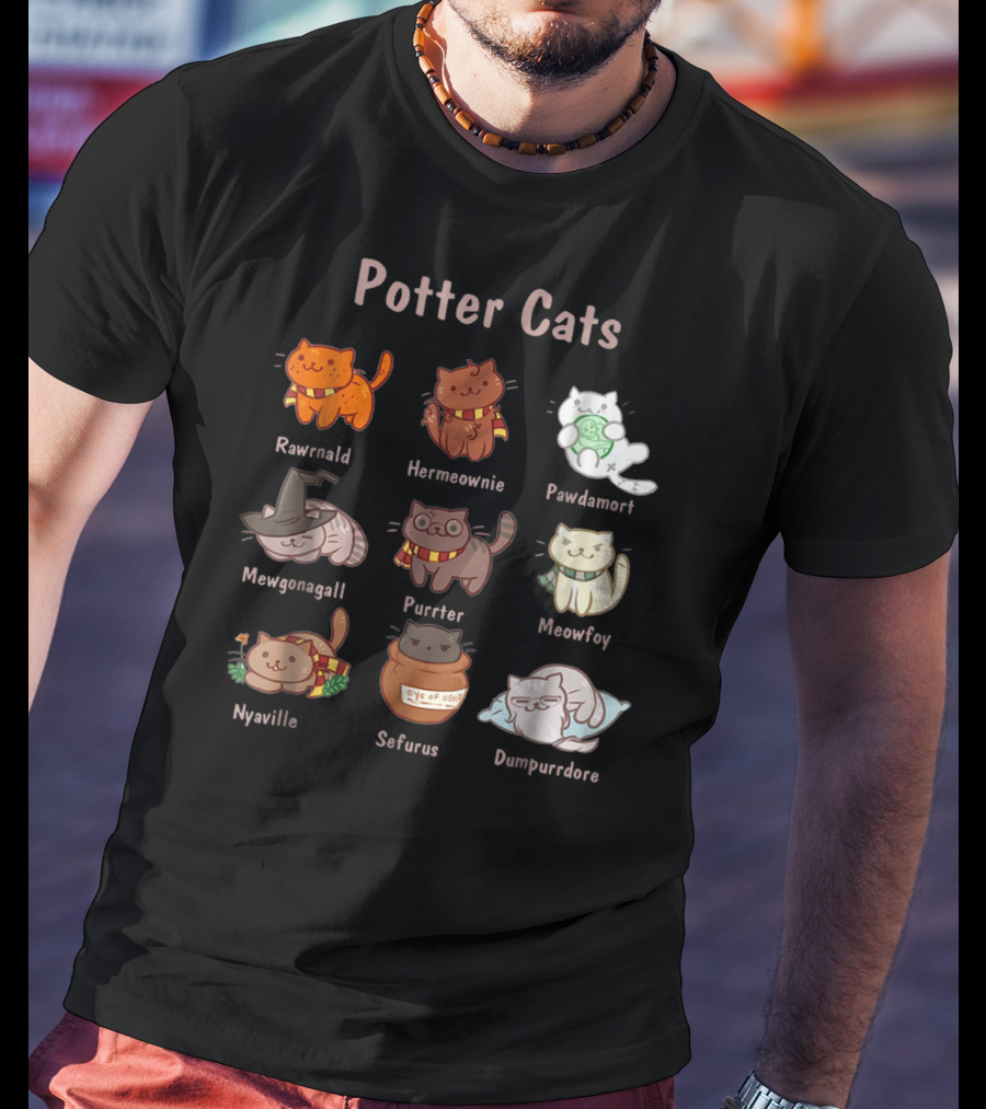 Potter Cats Rawrnald Hermeownie Pawdamort Mewgonagall Purrter Meowfoy Nyaville Sefurus Dumpurrdore Funny Cat Lovers T-Shirt