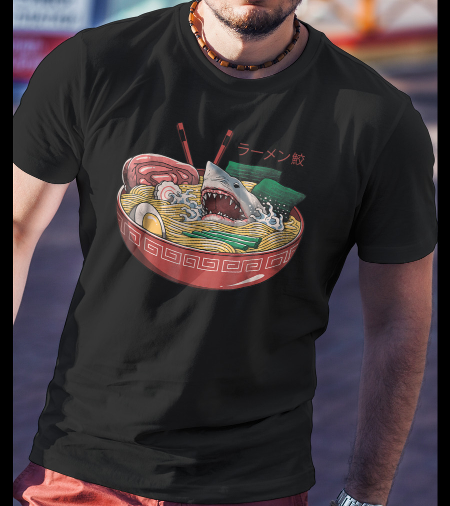 Ramen Shark Noodle Bowl Kaiju Monster Comic T-Shirt