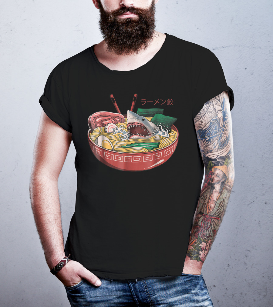 Ramen Shark Noodle Bowl Kaiju Monster Comic T-Shirt