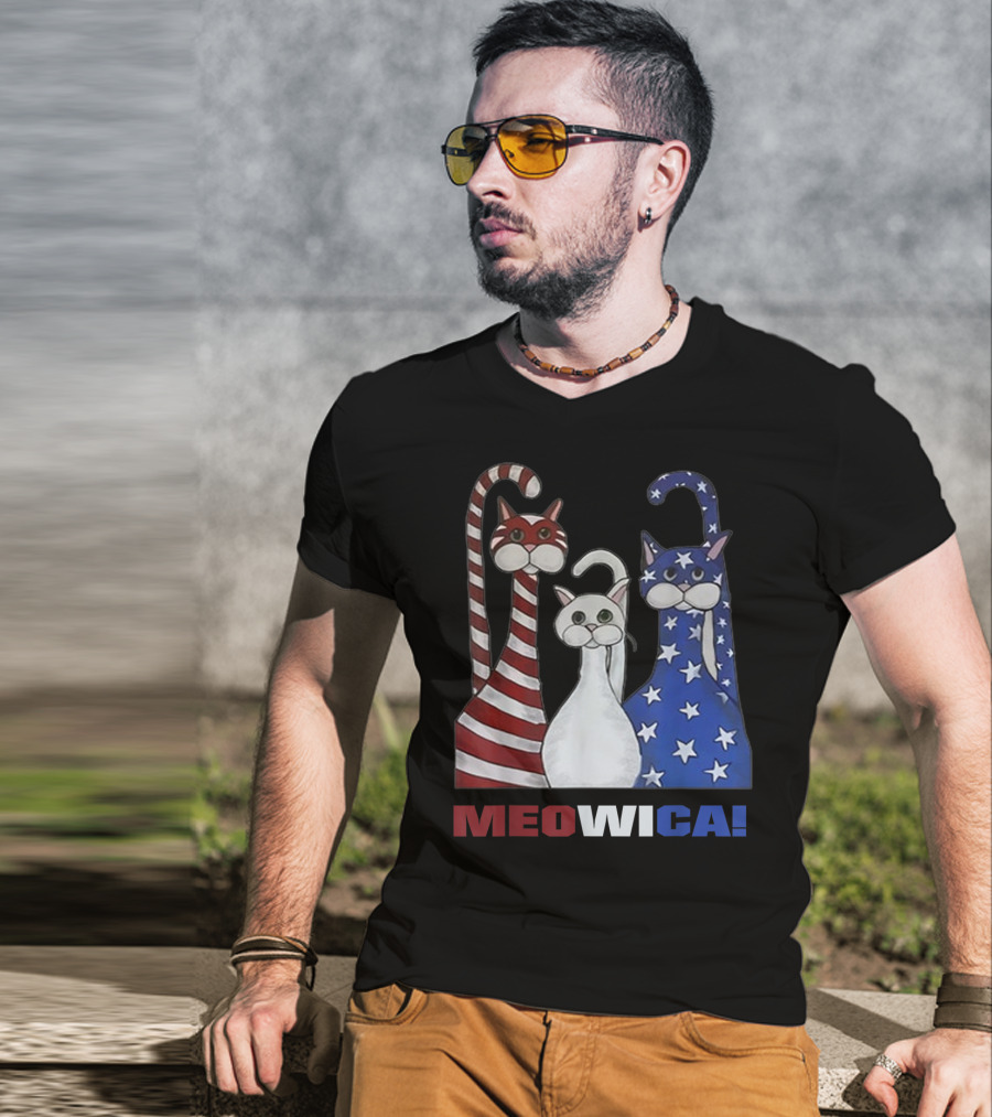 MEOWICA Red White Blue Cat American Flag Patriotic T-Shirt