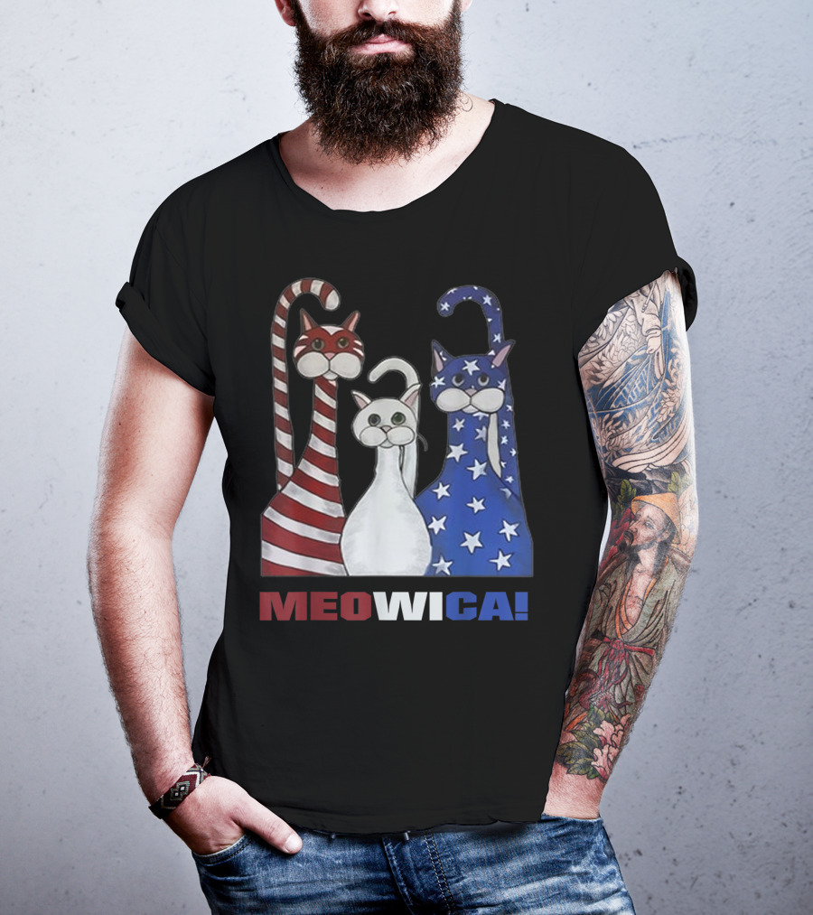 MEOWICA Red White Blue Cat American Flag Patriotic T-Shirt