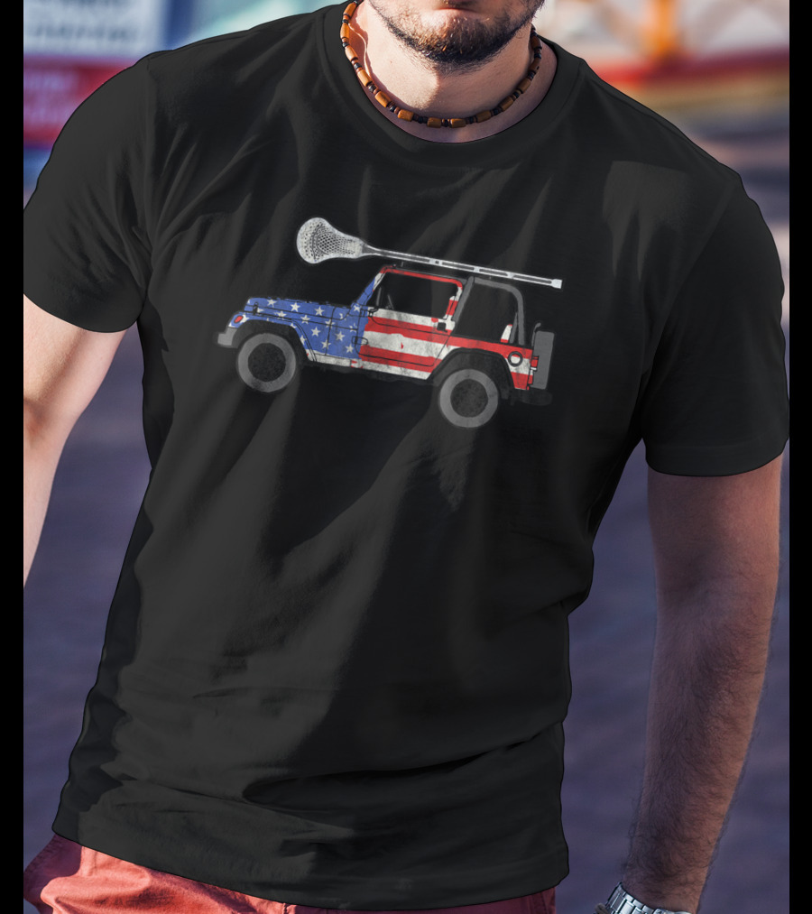 Retro USA Flag Lacrosse SUV Off Road Vehicle Lax T-Shirt