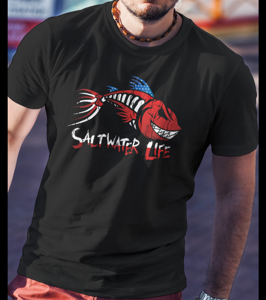 Saltwater Life American Flag Fish Skeleton T-Shirt