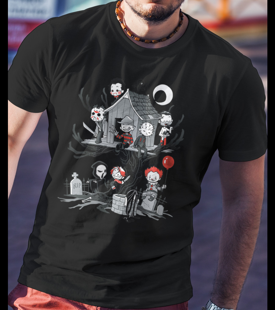 ShirtWoot Horror Clubhouse Icons In Treehouse With Figures And Moon T-Shirt