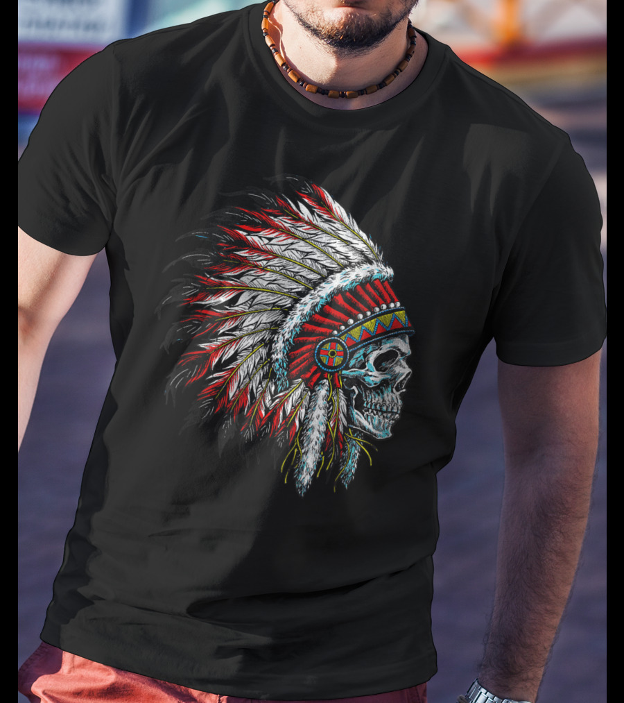 Skull Native Indian Chief Eagle Feather Headdress Vintage American T-Shirt