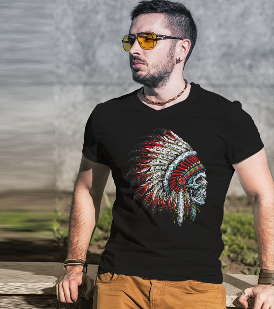 Skull Native Indian Chief Eagle Feather Headdress Vintage American T-Shirt