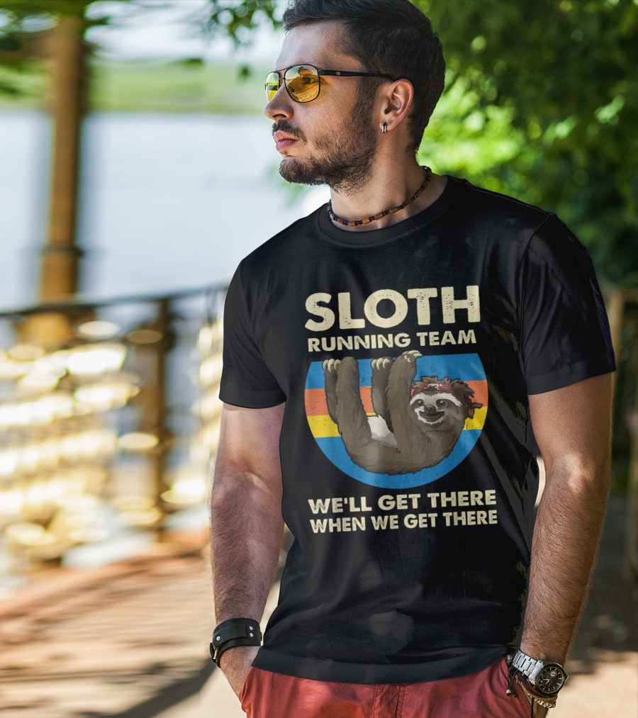 Sloth Running Team Vintage Sunset We'll Get There When We Get There T-Shirt