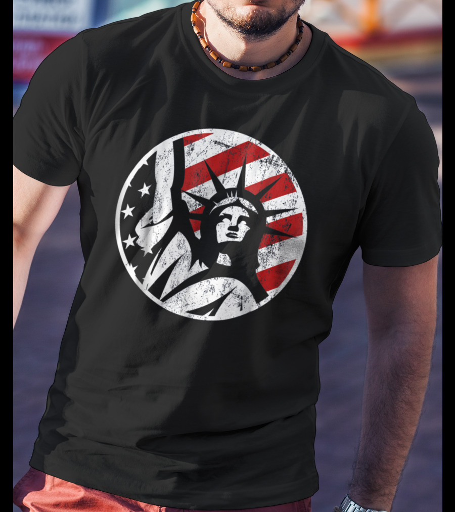 Statue Of Liberty NYC American Flag Circle Stars Stripes T-Shirt