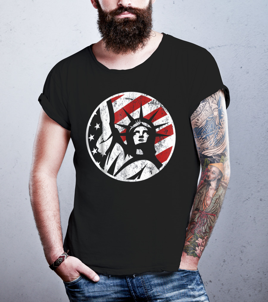 Statue Of Liberty NYC American Flag Circle Stars Stripes T-Shirt