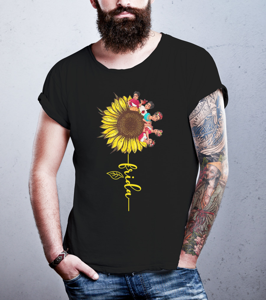 Frida Kahlo Sunflower Fusion With Colorful Floral Elements T-Shirt