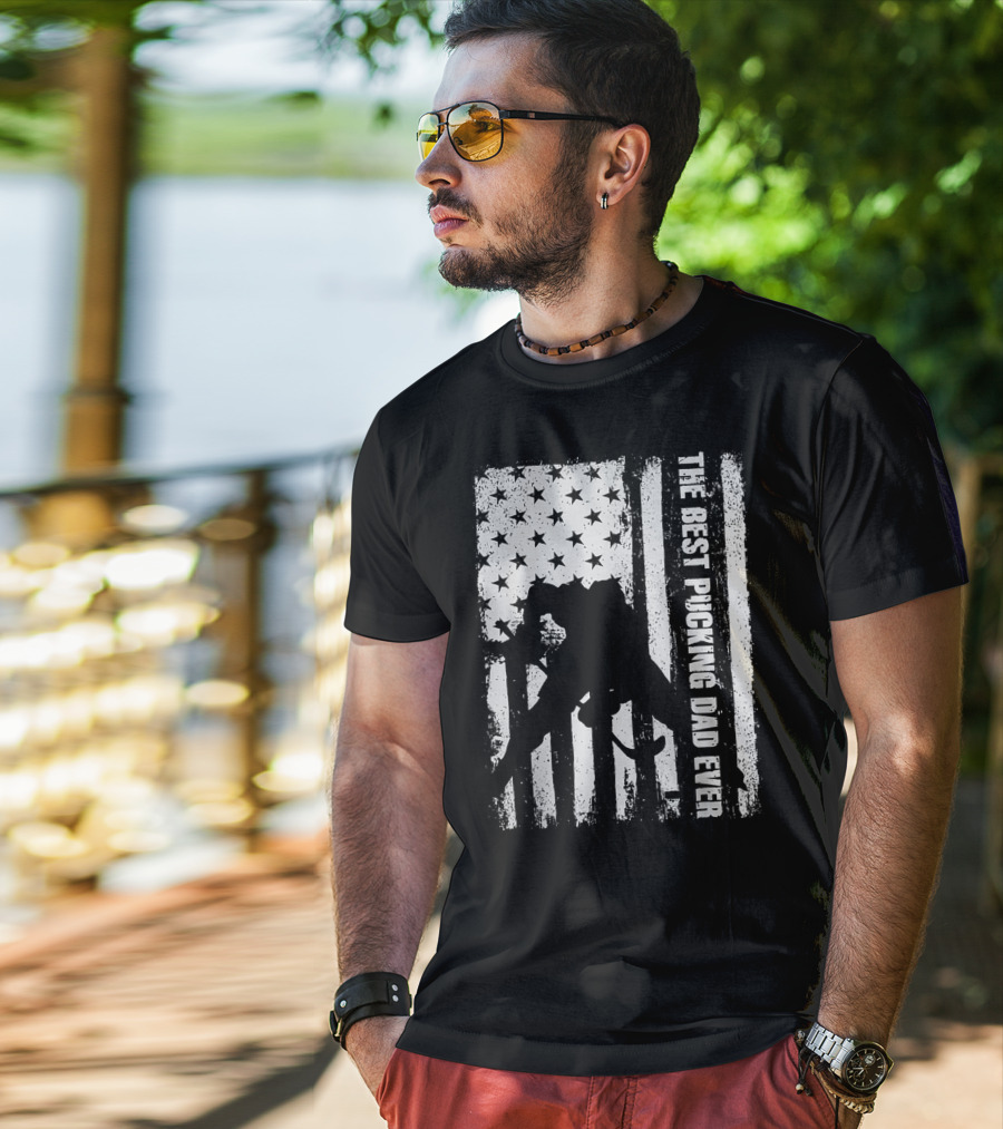 The Best Pucking Dad Ever Flag Hockey Silhouette Stars Stripes T-Shirt