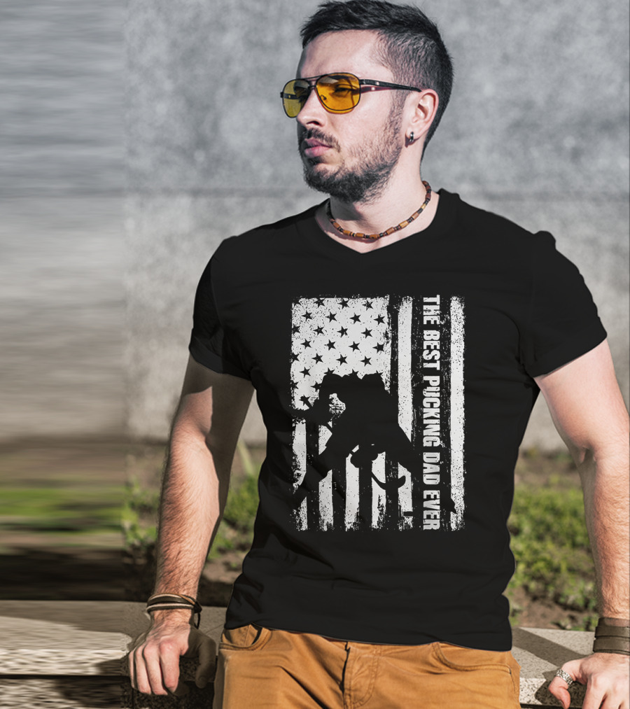 The Best Pucking Dad Ever Flag Hockey Silhouette Stars Stripes T-Shirt