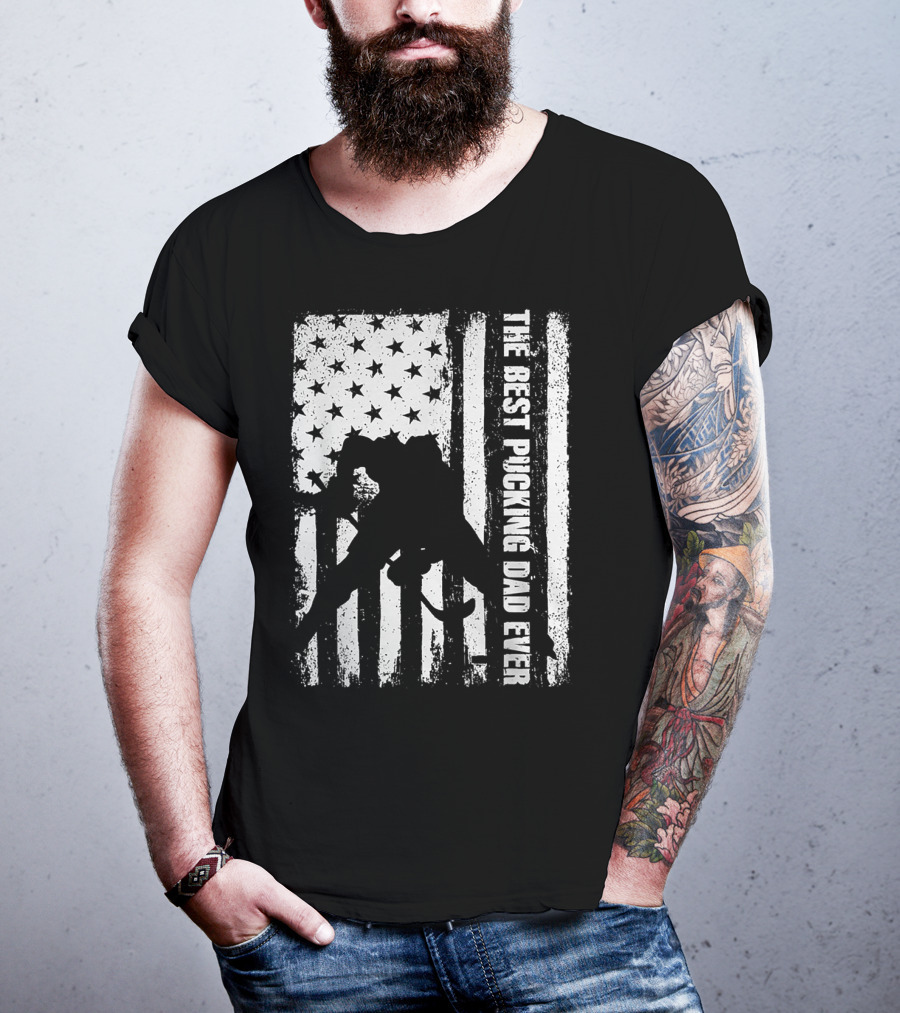 The Best Pucking Dad Ever Flag Hockey Silhouette Stars Stripes T-Shirt