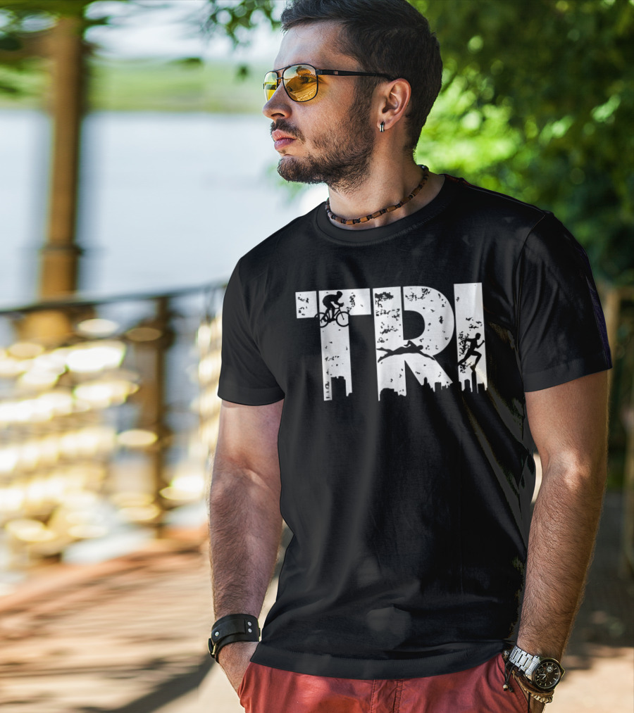 Triathlon Endurance Sports Triathlete Cycling Swimming Running Skyline T-Shirt