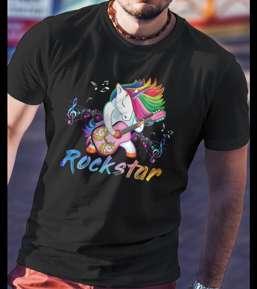 Unicorn Rockstar Rainbow Guitar Music Notes T-Shirt