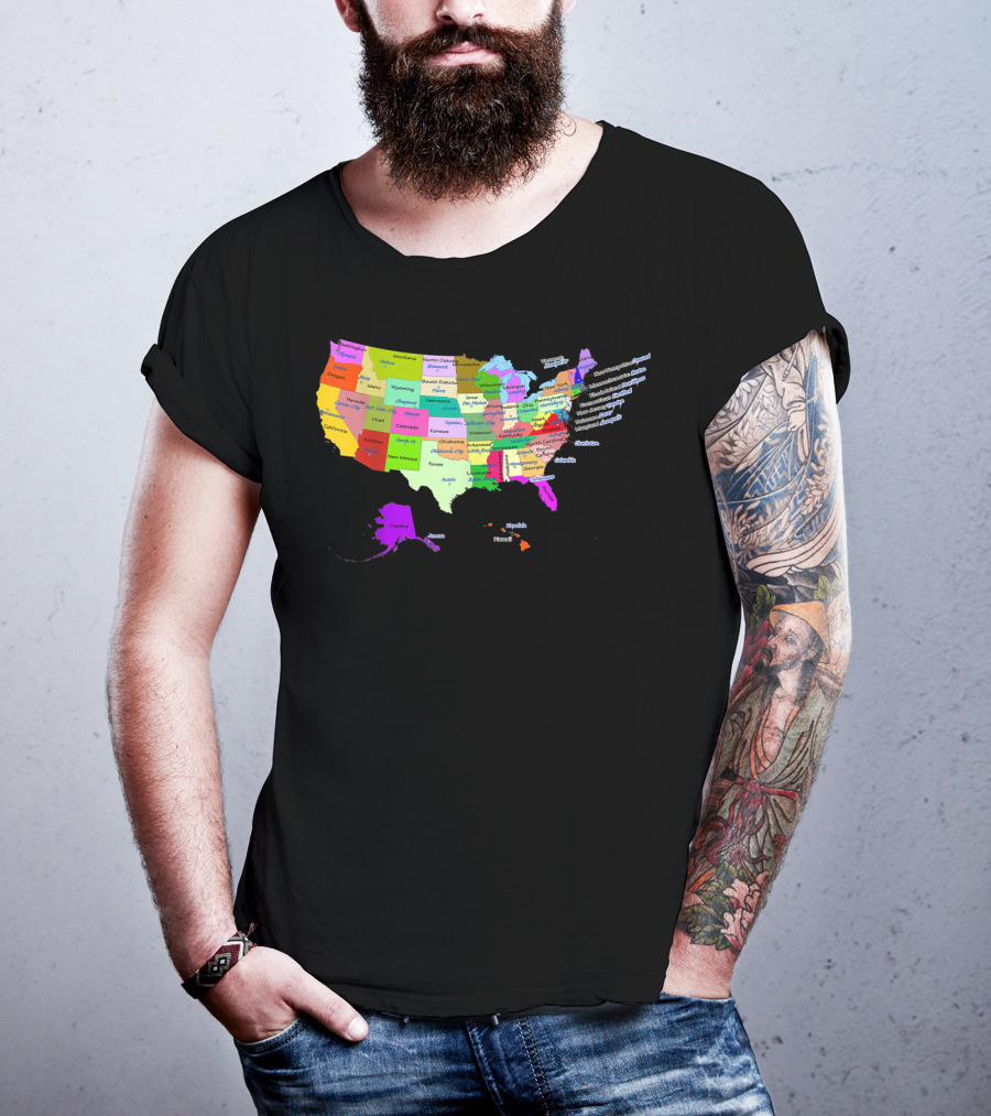 USA Map Displaying States And Capital Cities In Vibrant Colors T-Shirt