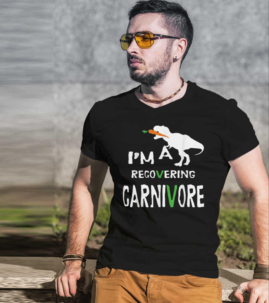 I'm A Recovering Carnivore Funny Dinosaur Vegan Vegetarian Carrot T-Shirt
