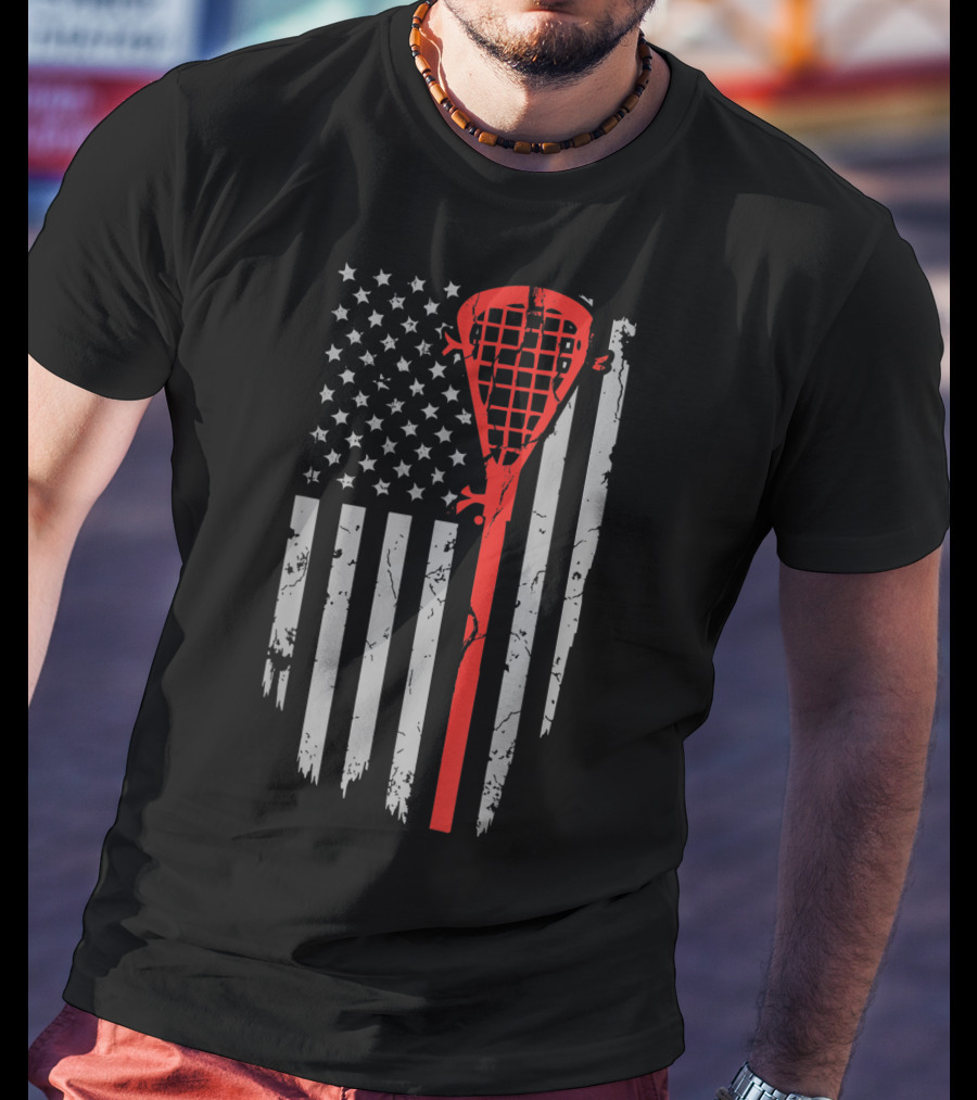 Vintage American Flag Lacrosse Stick Youth USA Patriotic T-Shirt