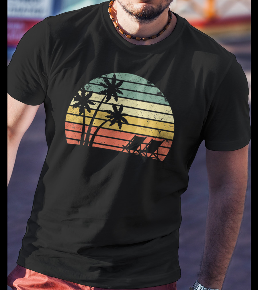 Retro Sunset Palm Trees With Beach Chair T-Shirt