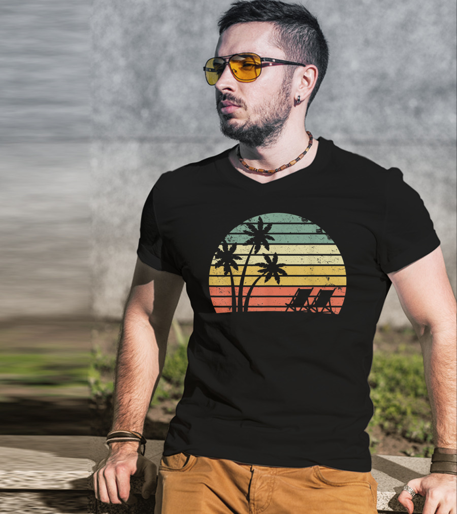 Retro Sunset Palm Trees With Beach Chair T-Shirt